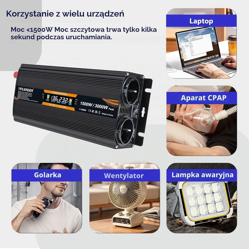 Yinleader įtampos keitiklis 12 V į 230 V, 1500 W, 2 AC lizdai, USB 1500W12VLCD-H-M-EU