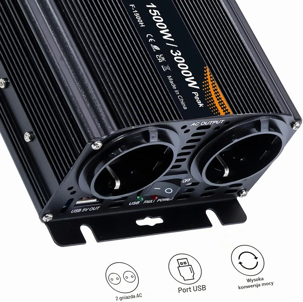 Yinleader įtampos keitiklis 12 V į 230 V, 1500 W, 2 AC lizdai, USB 1500W12VLCD-H-M-EU