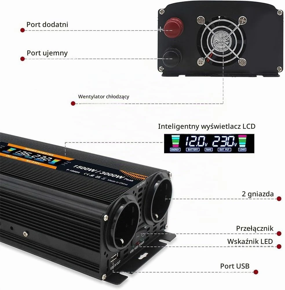 Yinleader įtampos keitiklis 12 V į 230 V, 1500 W, 2 AC lizdai, USB 1500W12VLCD-H-M-EU