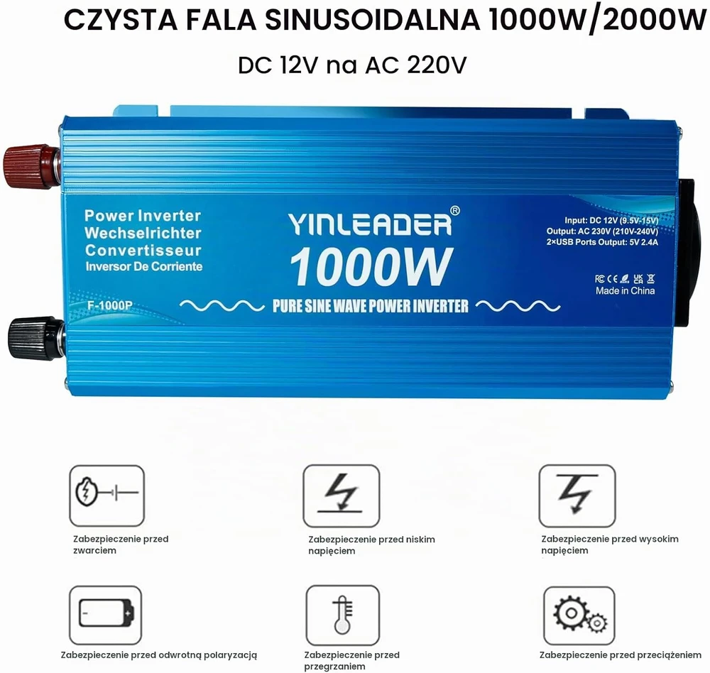 Yinleader įtampos keitiklis su grynąja sinusoidine banga 1000 W 12 V–230 V 1000W12V-P-EU