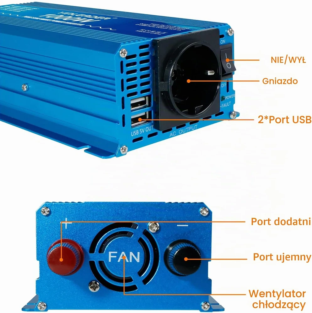 Yinleader įtampos keitiklis su grynąja sinusoidine banga 1000 W 12 V–230 V 1000W12V-P-EU