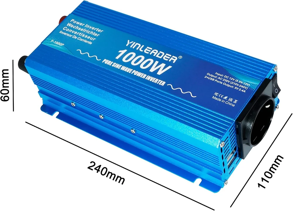 Yinleader įtampos keitiklis su grynąja sinusoidine banga 1000 W 12 V–230 V 1000W12V-P-EU