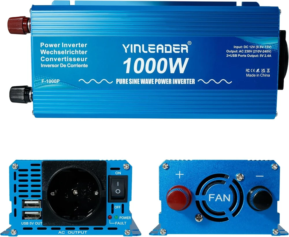 Yinleader įtampos keitiklis su grynąja sinusoidine banga 1000 W 12 V–230 V 1000W12V-P-EU