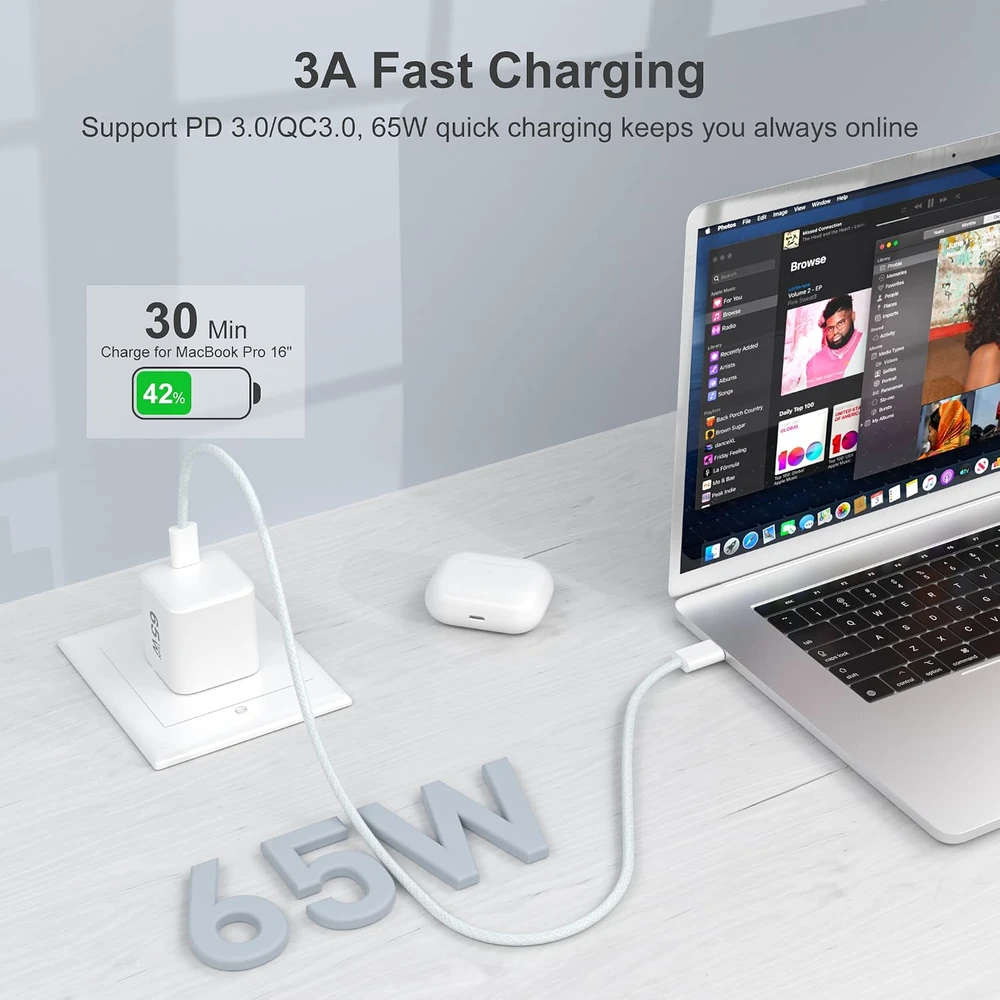 YISH USB-C GaN įkroviklis 65 W su 1 m USB-C laidu TR417002