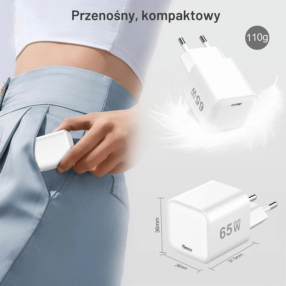 YISH USB-C GaN įkroviklis 65 W su 1 m USB-C laidu TR417002