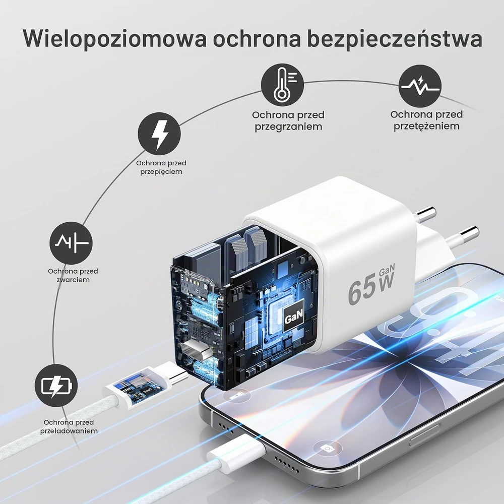 YISH USB-C GaN įkroviklis 65 W su 1 m USB-C laidu TR417002