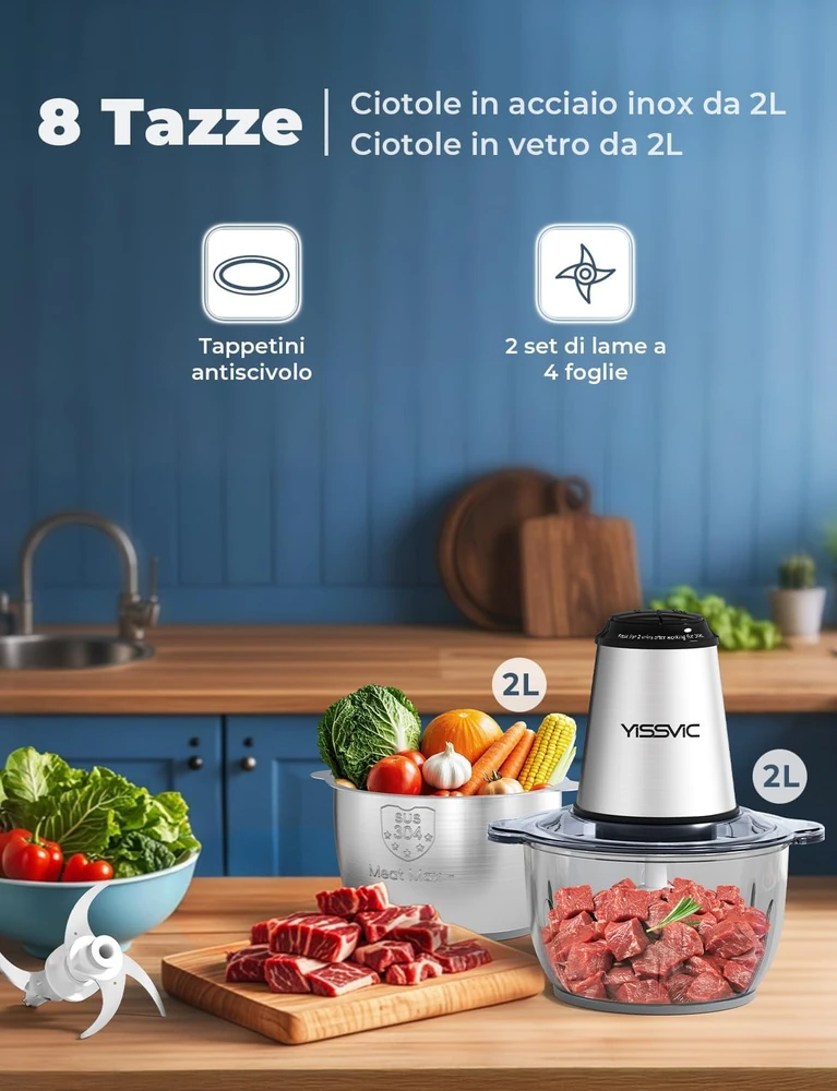 YISSVIC elektrinis maisto smulkintuvas 2 l, 500 W, su dviem dubenimis Y-JR01