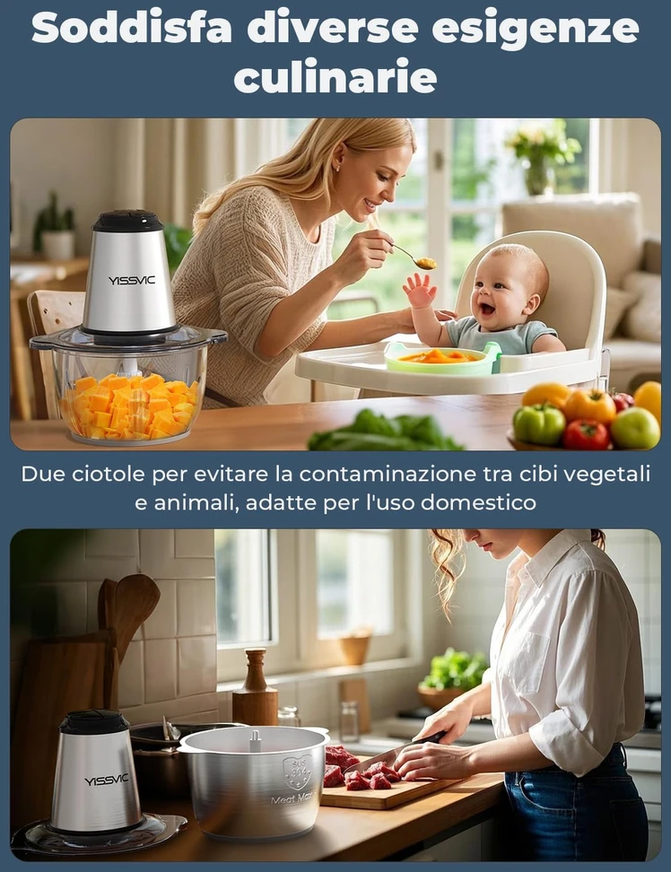 YISSVIC elektrinis maisto smulkintuvas 2 l, 500 W, su dviem dubenimis Y-JR01