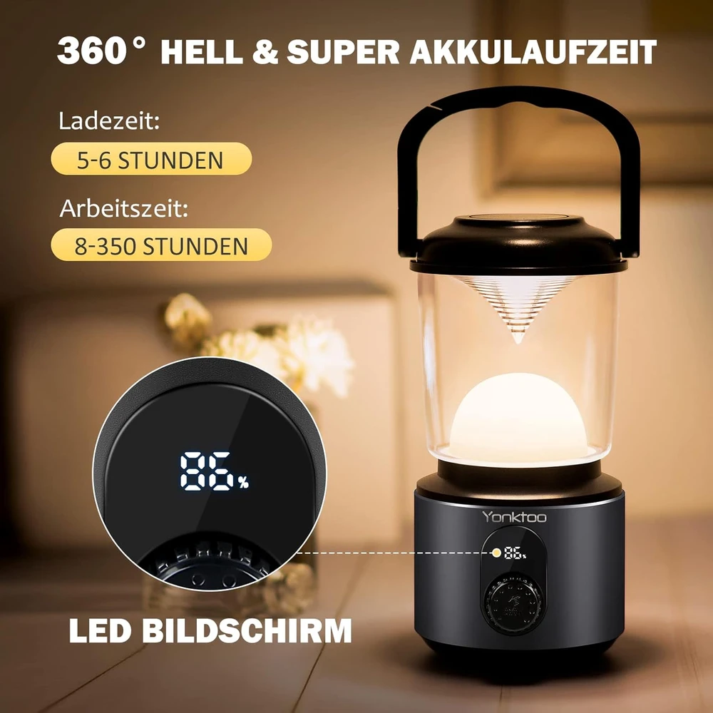 Yonktoo LED stovyklavimo lempa, 10400 mAh, aliuminio korpusas, 5 apšvietimo režimai, LCD ekranas