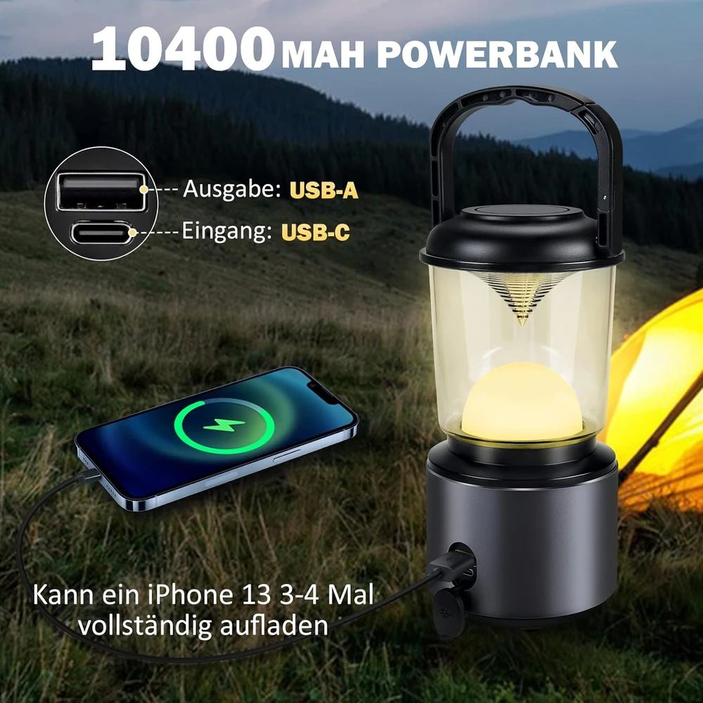 Yonktoo LED stovyklavimo lempa, 10400 mAh, aliuminio korpusas, 5 apšvietimo režimai, LCD ekranas