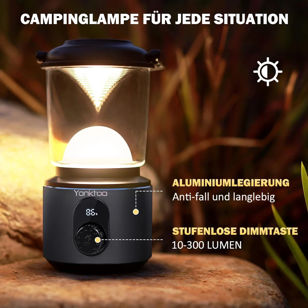 Yonktoo LED stovyklavimo lempa, 10400 mAh, aliuminio korpusas, 5 apšvietimo režimai, LCD ekranas