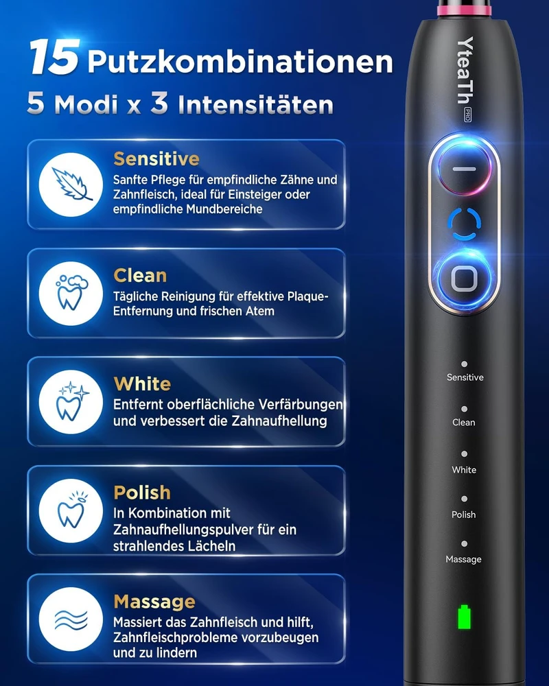 YTEATH PRO elektrinis dantų šepetėlis su 5 režimais ir 8 antgaliais Y10W