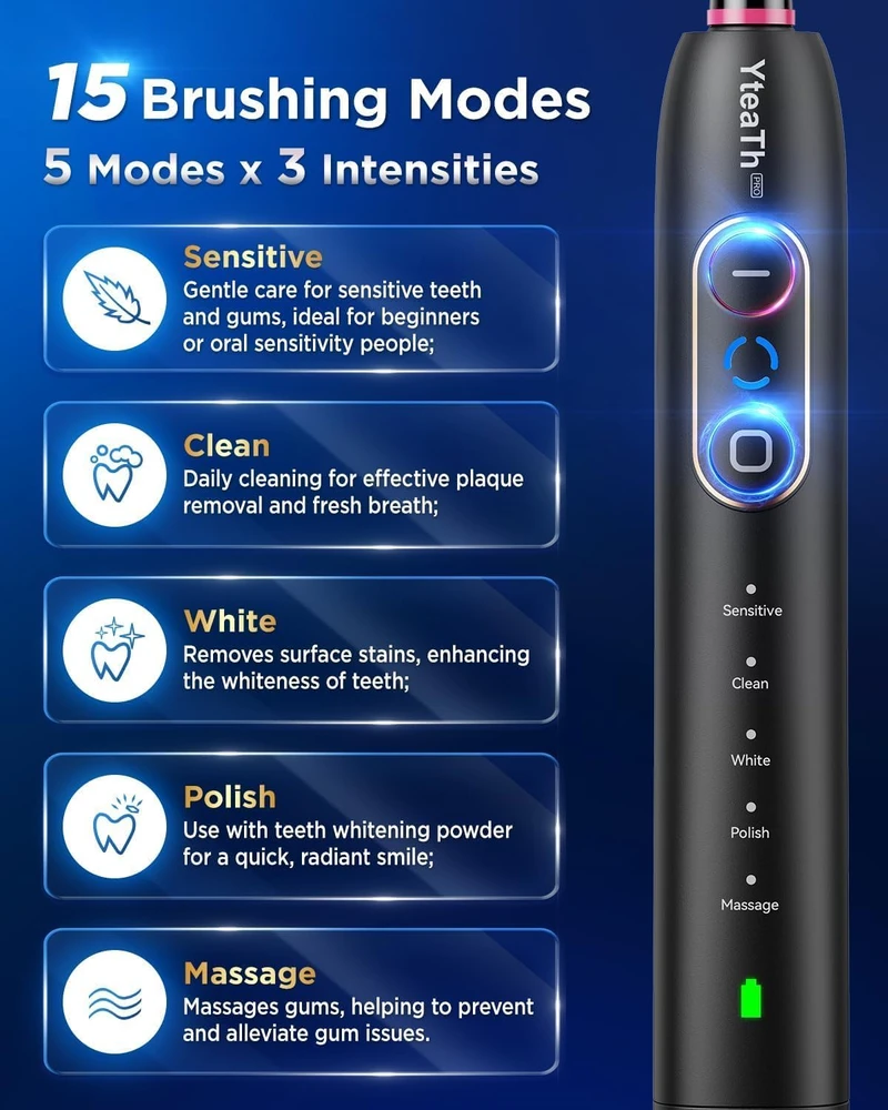 YTEATH PRO elektrinis dantų šepetėlis su 8 galvutėmis, 5 režimais ir 3 intensyvumo lygiais Y10W