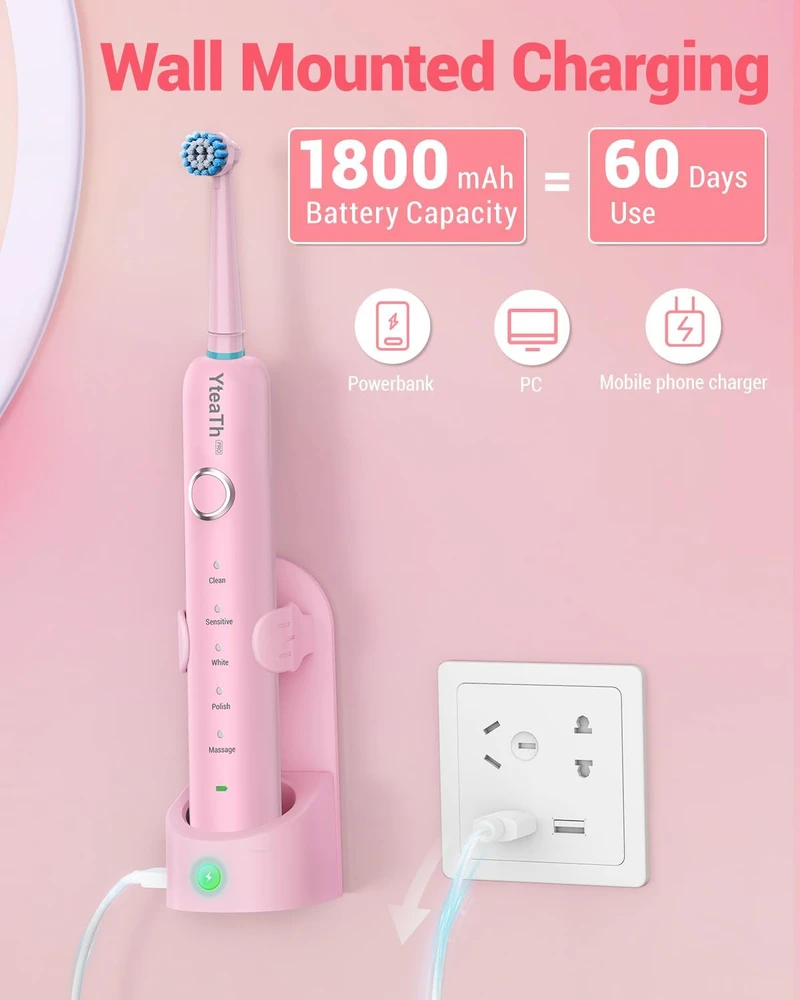 YTEATH PRO elektrinis rotacinis dantų šepetėlis su 8 galvutėmis, IPX7, Y06W