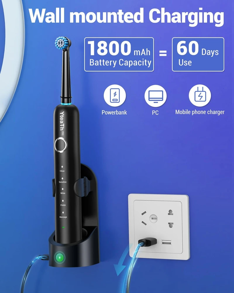 YTEATH PRO elektrinis sukamasis dantų šepetėlis su 8 galvutėmis, IPX7, Y06W