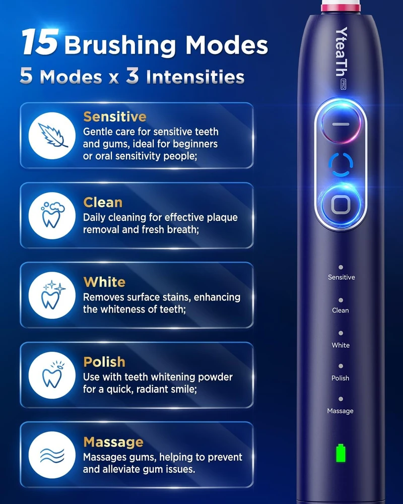 YTEATH PRO elektrinis sukamasis dantų šepetėlis su 5 režimais ir 8 galvutėmis Y10W