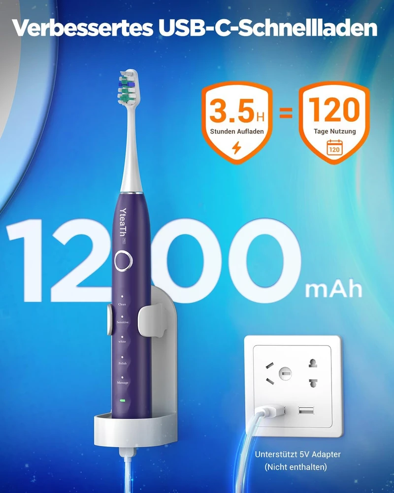 YTEATH PRO soninis elektrinis dantų šepetėlis su 5 režimais ir 8 galvutėmis Y08U