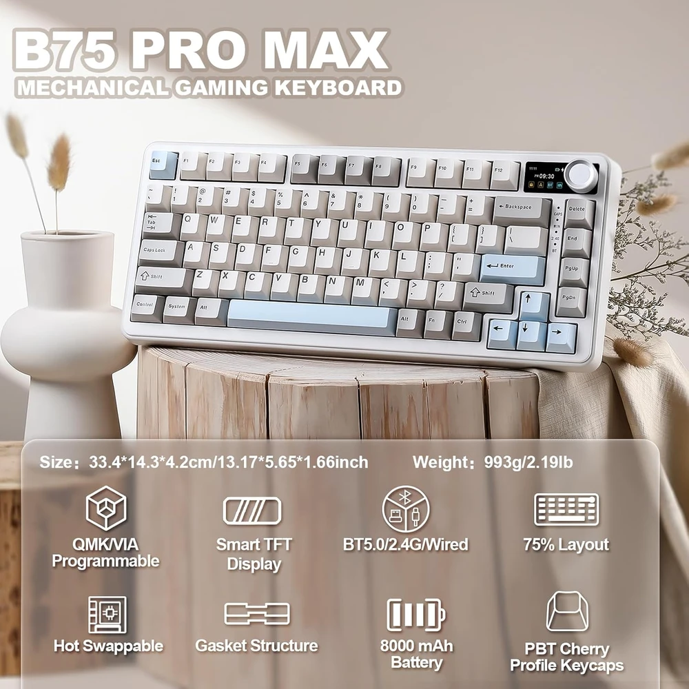 YUNZII belaidė mechaninė klaviatūra 75 % su TFT ekranu, RGB ir QMK/VIA B75 PRO MAX