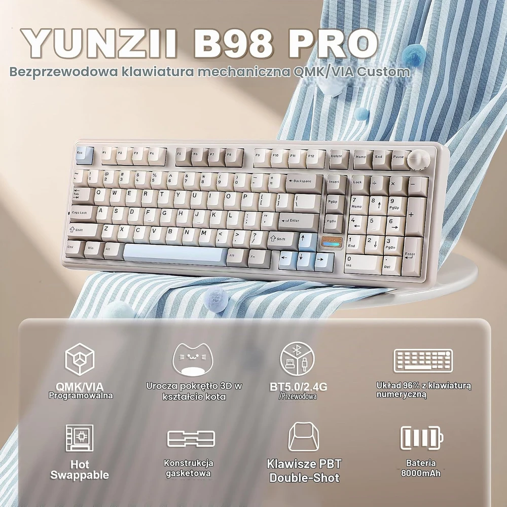 YUNZII belaidė mechaninė klaviatūra B98 PRO, 96 %, RGB, 8000 mAh