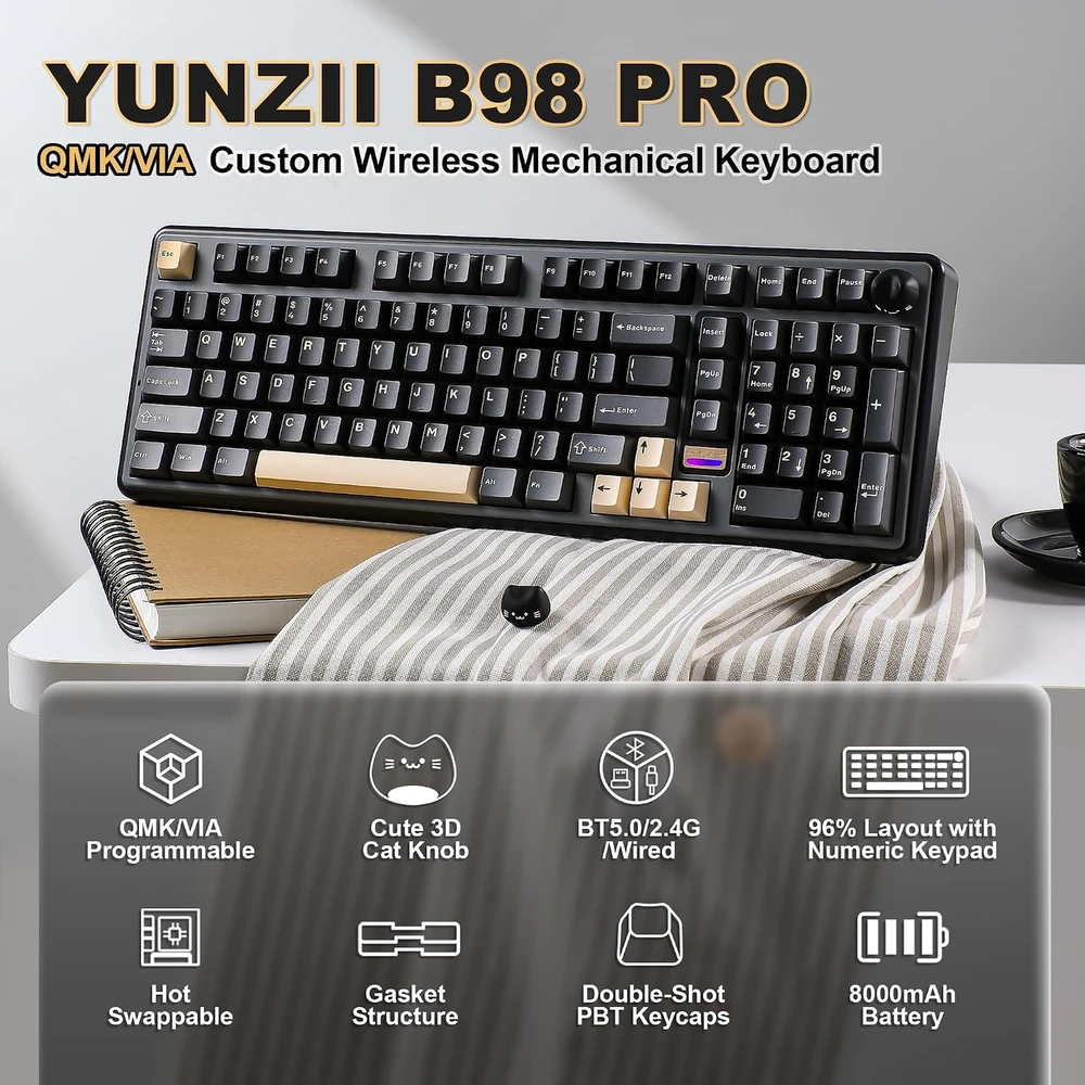 YUNZII belaidė mechaninė žaidimų klaviatūra B98 PRO, 96 %, Bluetooth, QMK/VIA, 8000 mAh