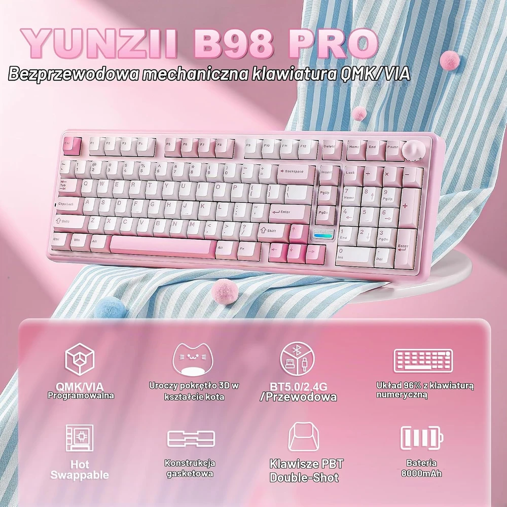 YUNZII mechaninė belaidė 96 % klaviatūra su skaitmeniniu bloku, Bluetooth, RGB, B98 PRO