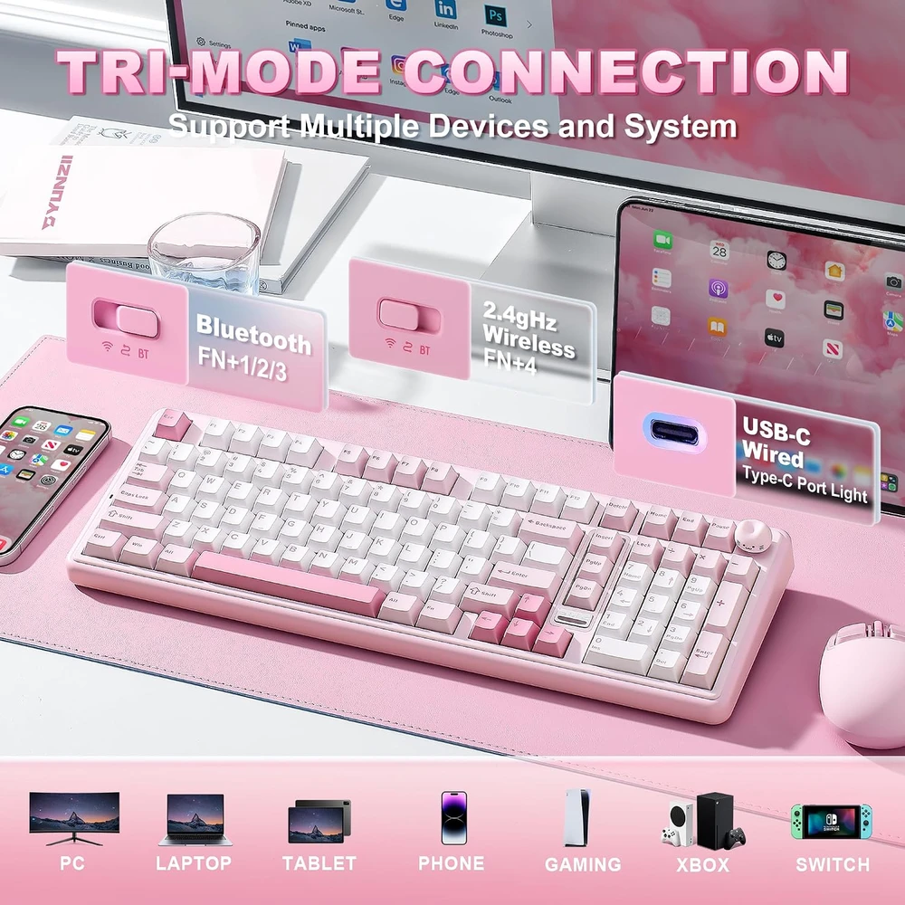 YUNZII mechaninė belaidė 96 % klaviatūra su skaitmeniniu bloku, Bluetooth, RGB, B98 PRO