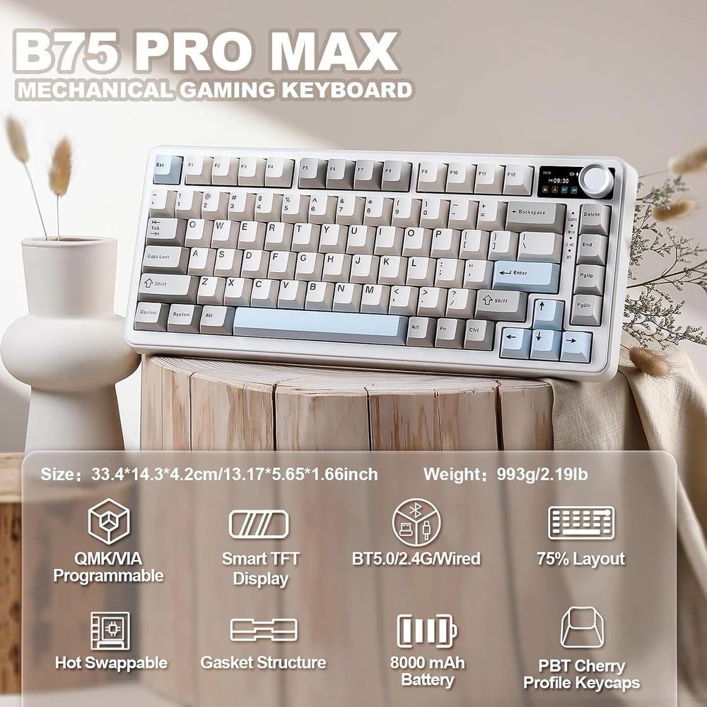 YUNZII mechaninė belaidė klaviatūra 75 % su ekranu, Bluetooth, 8000 mAh B75 PRO MAX