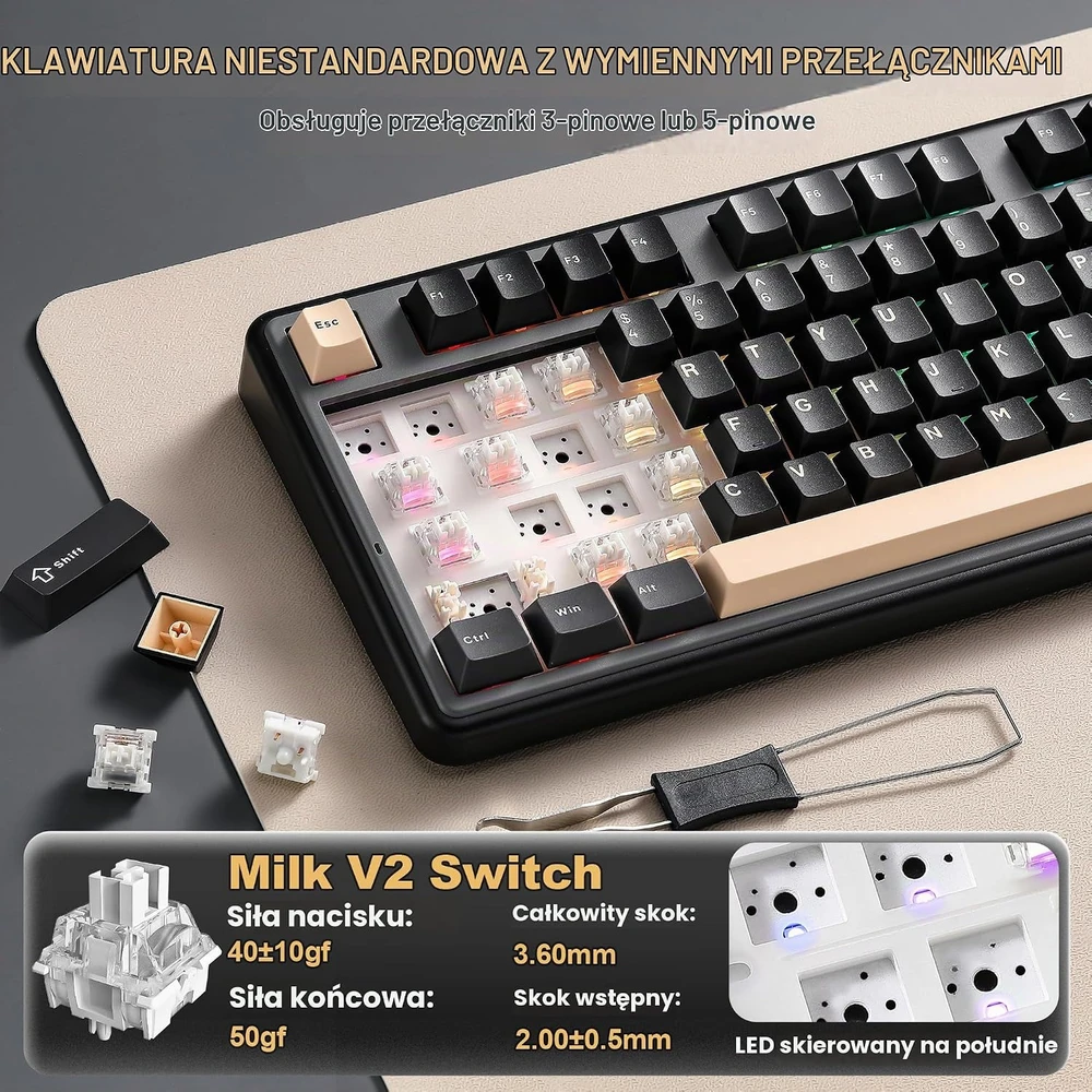 YUNZII mechaninė belaidė klaviatūra B98 PRO su skaitmeniniu bloku, RGB, Bluetooth