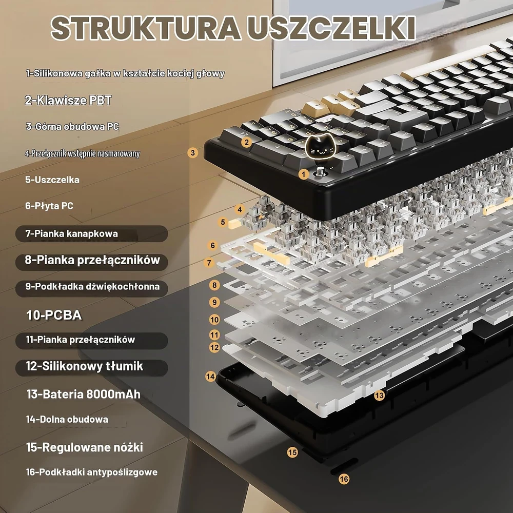 YUNZII mechaninė belaidė klaviatūra B98 PRO su skaitmeniniu bloku, RGB, Bluetooth