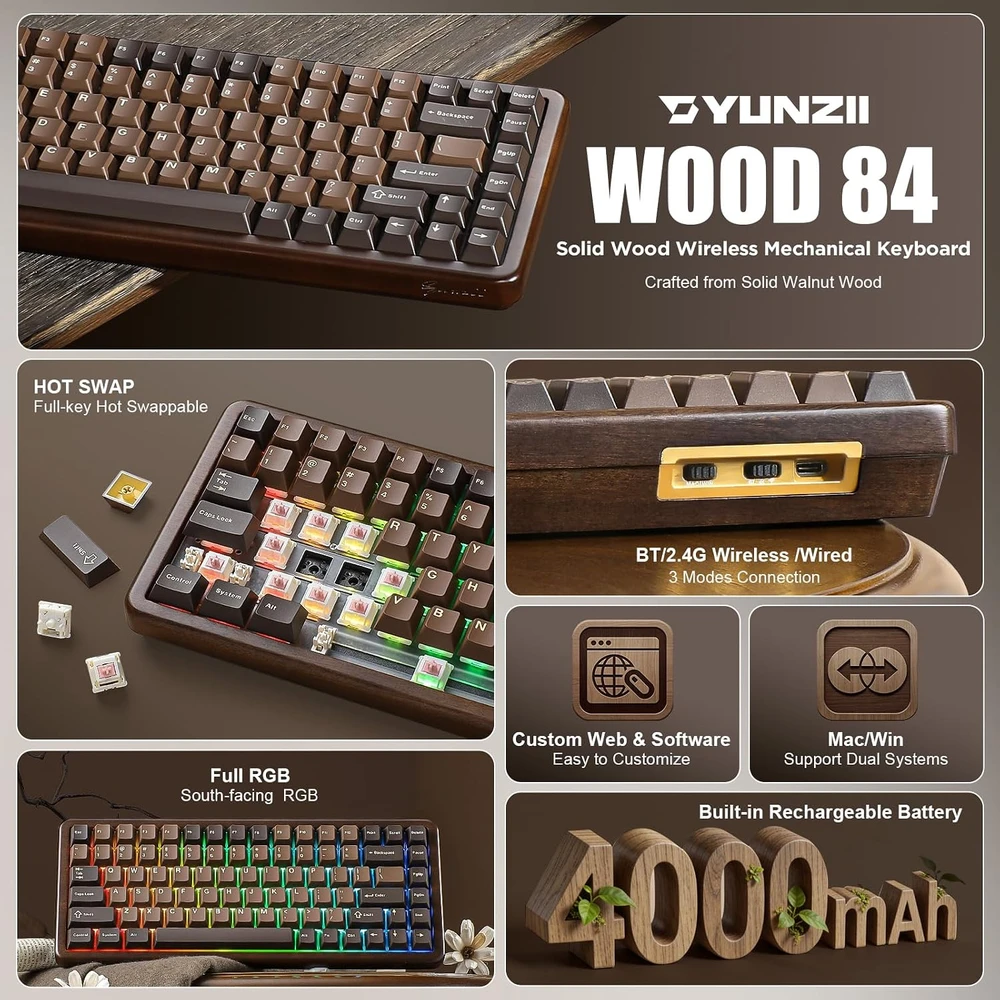 YUNZII mechaninė belaidė klaviatūra WOOD84, 75 %, Bluetooth, 2,4 GHz, USB-C, ruda
