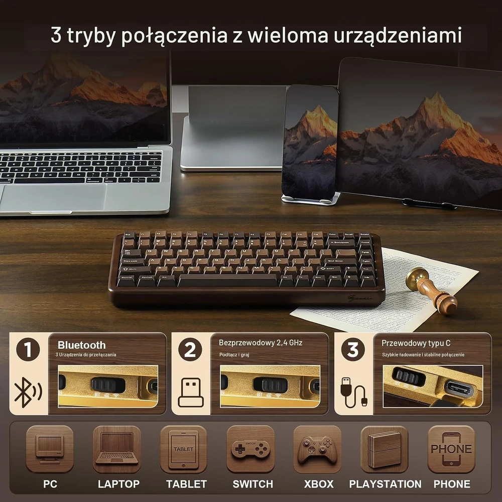 YUNZII mechaninė belaidė klaviatūra WOOD84, 75 %, Bluetooth, 2,4 GHz, USB-C, ruda