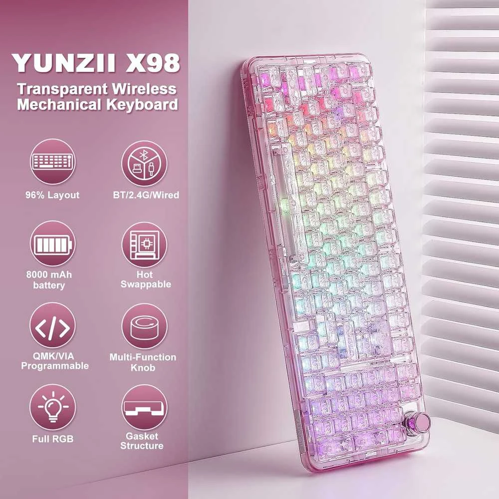 YUNZII X98 belaidė mechaninė žaidimų klaviatūra su ratuku, 98 klavišų, rožinė