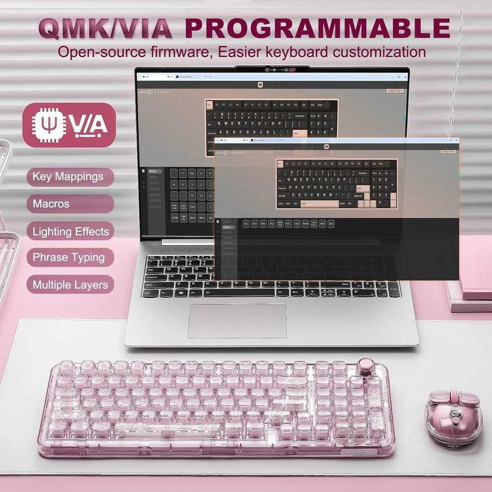 YUNZII X98 belaidė mechaninė žaidimų klaviatūra su ratuku, 98 klavišų, rožinė