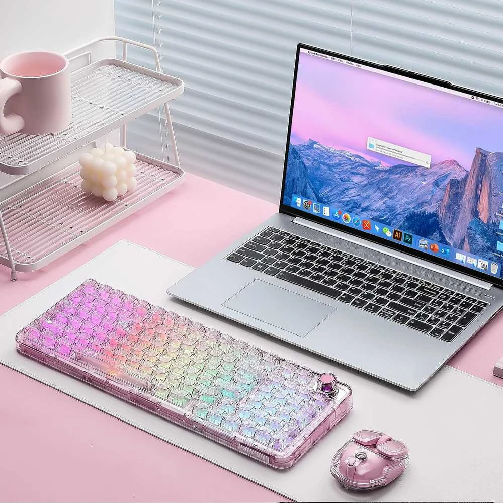 YUNZII X98 belaidė mechaninė žaidimų klaviatūra su ratuku, 98 klavišų, rožinė