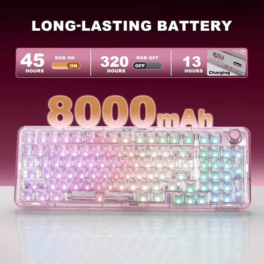 YUNZII X98 belaidė mechaninė žaidimų klaviatūra su ratuku, 98 klavišų, rožinė