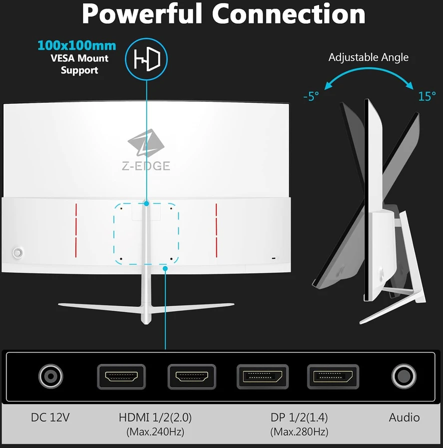 Z-Edge lenktas žaidimų monitorius 27 colių FHD 280 Hz 1 ms FreeSync UG27P-W