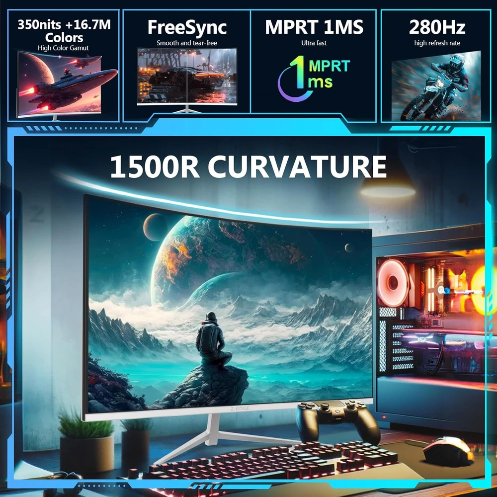 Z-Edge lenktas žaidimų monitorius 27 colių FHD 280 Hz 1 ms FreeSync UG27P-W
