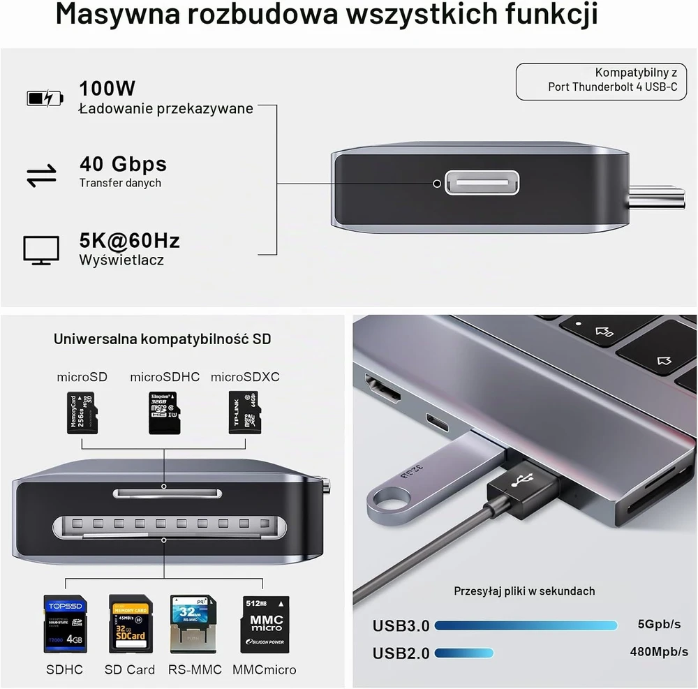 ZanBix USB-C šakotuvas 7 prievadų su Thunderbolt 4, HDMI 4K ir 100 W PD HYD-9887T
