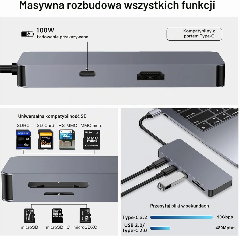 ZanBix USB-C šakotuvas 7 viename su 4K HDMI, 100 W PD ir USB-C 3.2 HYD-9822G