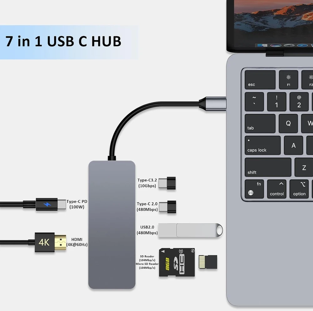 ZanBix USB-C šakotuvas 7 viename su 4K HDMI, 100 W PD ir USB-C 3.2 HYD-9822G