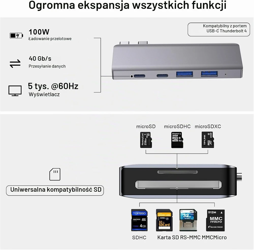 ZanBix USB-C šakotuvas MacBook, 6 prievadų, Thunderbolt 4, 100 W PD, HYD-9887T