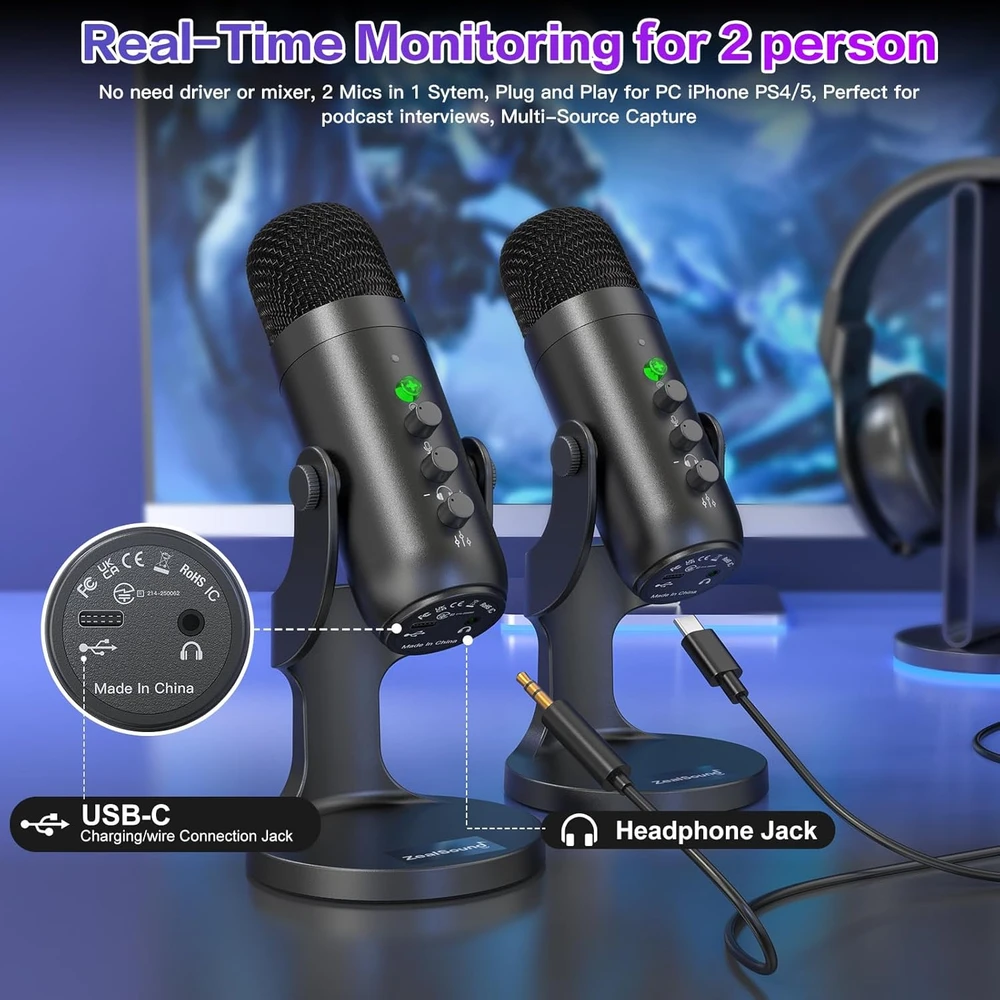 Zealsound belaidžių mikrofonų USB rinkinys, lavalier, 2 vnt., juodas, k2x-eu