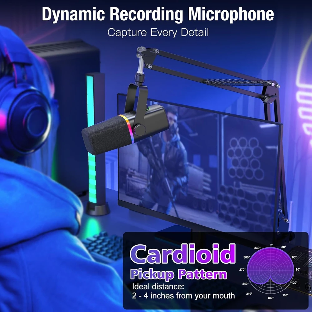 Zealsound dinaminis mikrofonas su USB ir XLR, RGB apšvietimu, 50 Hz–14 kHz, KD8S-EU