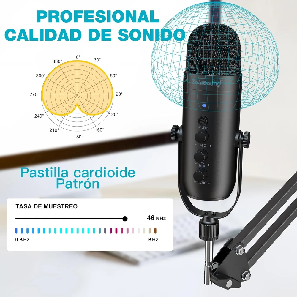 ZealSound stalinis USB mikrofono rinkinys su kardioidine kapsule ir reguliuojamu ištraukiamu laikikliu K66S