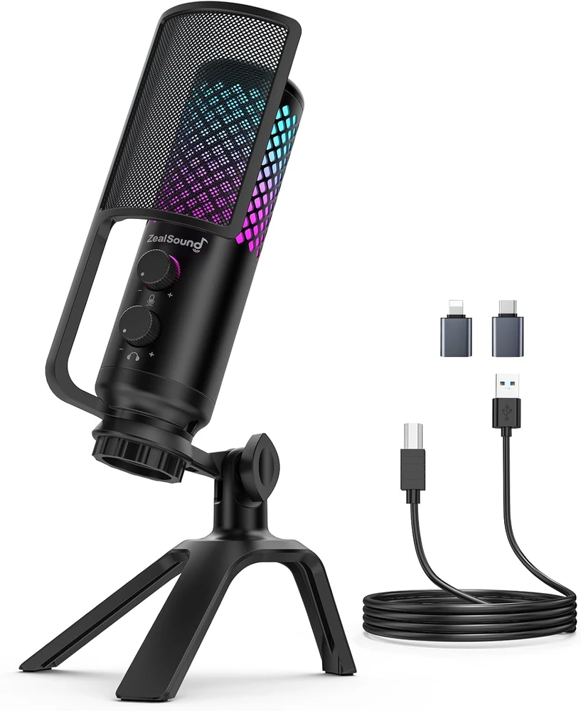 ZealSound USB kondensatorinis biurinio tipo mikrofonas su RGB apšvietimu ir triukšmo mažinimu BD2-EU