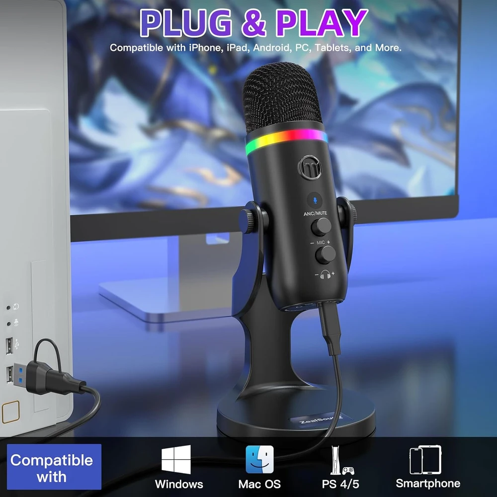 Zealsound USB kondensatorinis mikrofonas su RGB apšvietimu, ANC, Plug & Play, K66Pro-EU