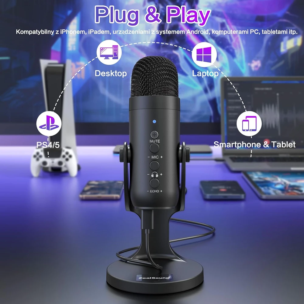 ZealSound USB kondensatorinis mikrofonas su Plug&Play, garsumo valdymu, ASMR įrašams ir podcast K66