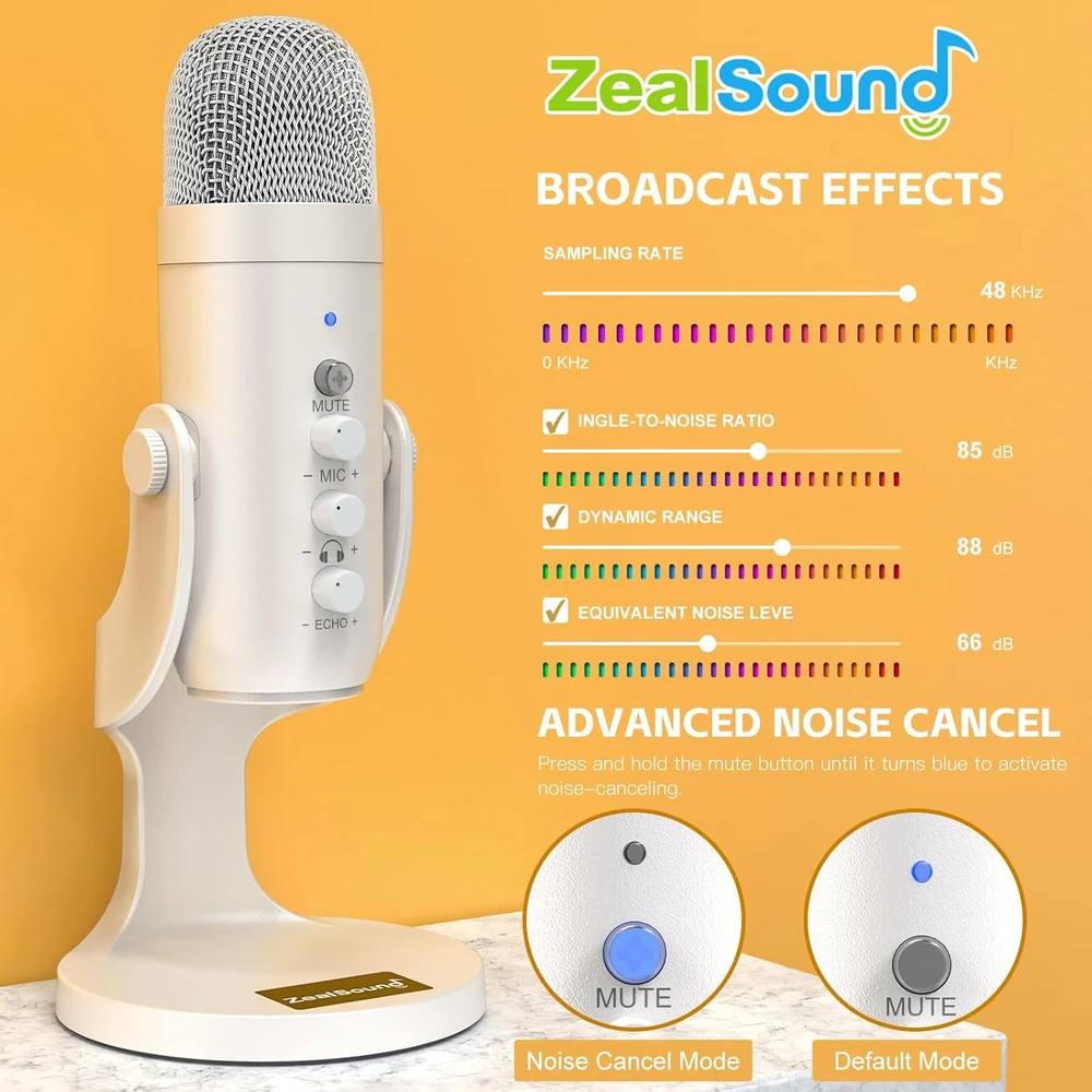 ZealSound USB kondensatorinis mikrofonas su triukšmo mažinimu, ausinių stebėjimu, Plug&Play, K66 Pearl Baltas