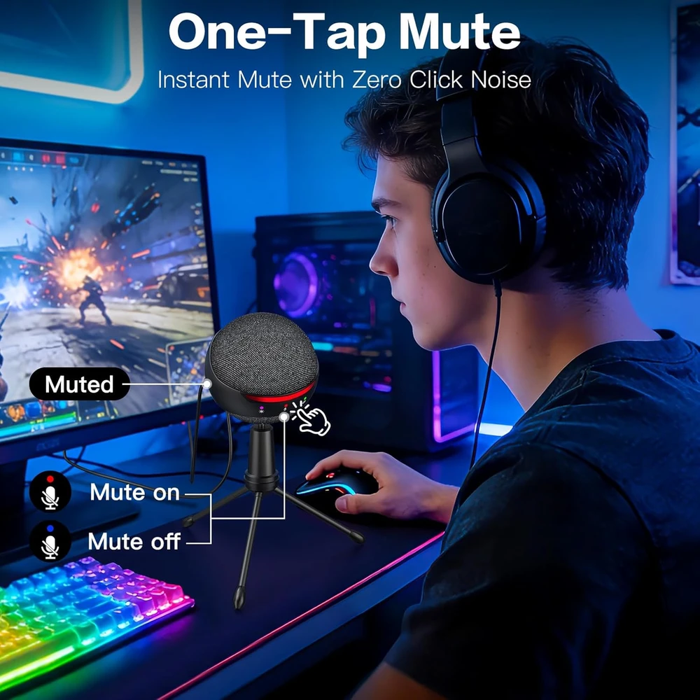 ZealSound USB kondensatorinis mikrofonas su triukšmo slopinimu, RGB apšvietimu ir ausinių monitoringu P9