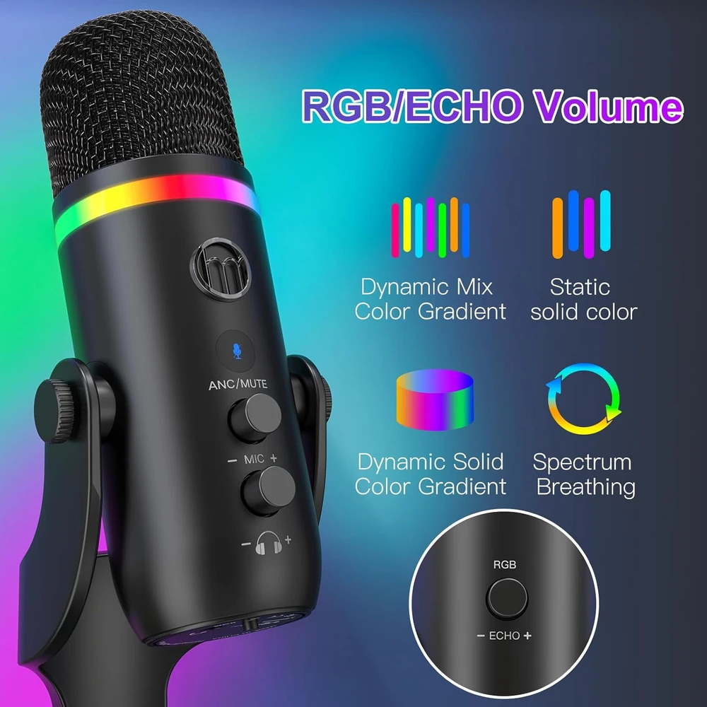 Zealsound USB kondensatorinis mikrofonas su RGB apšvietimu, ANC, Plug & Play, K66Pro-EU